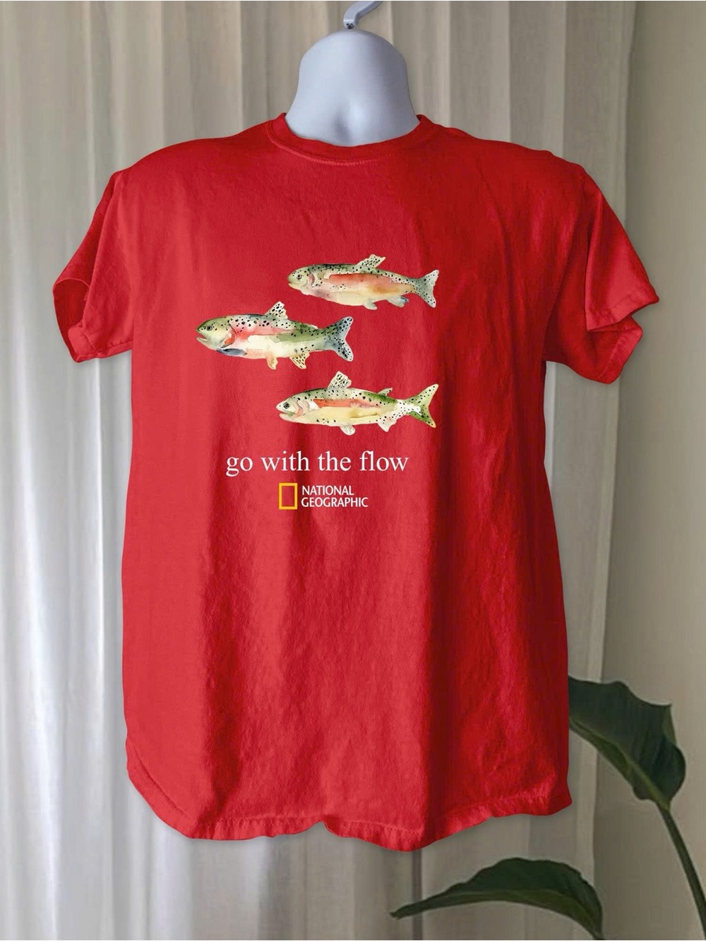 Gildan Red Short Sleeve Tee with Fish Fo with the flow National Graphic